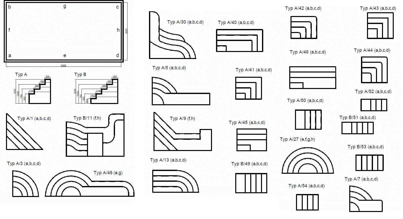 Polypropylen Becken Modell Dafne - Grundriss und mögliche Treppen